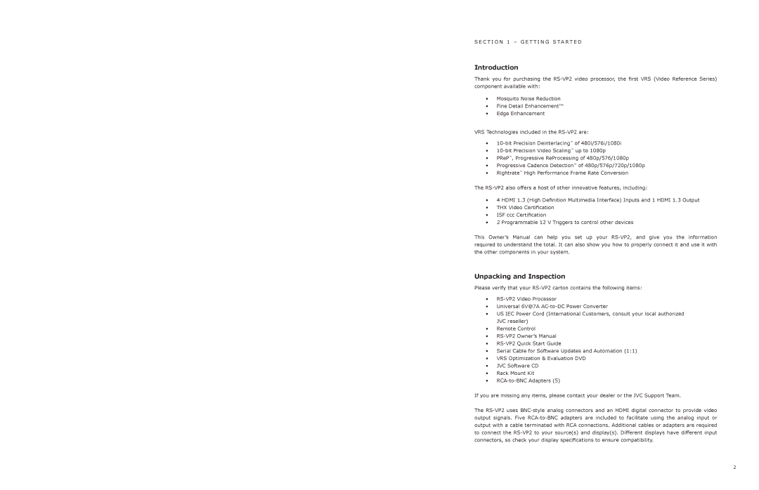 JVC RS-VP2 manual Introduction, Unpacking and Inspection 