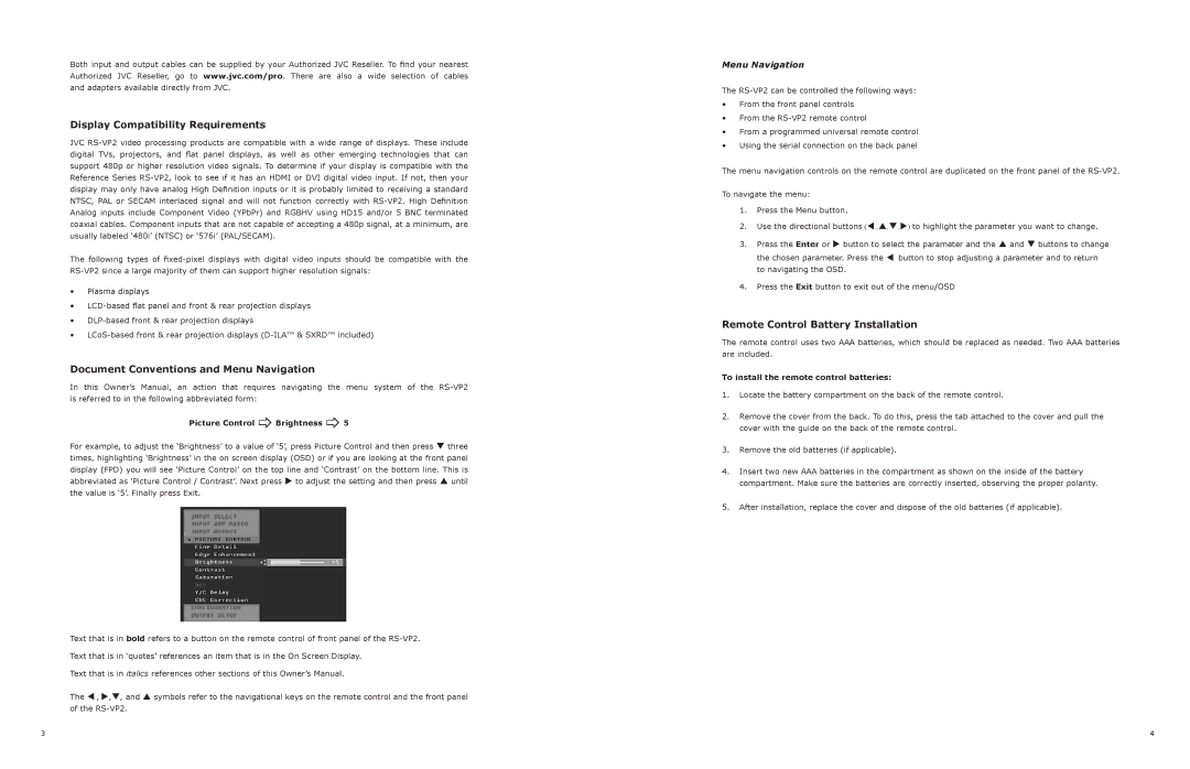 JVC RS-VP2 manual Display Compatibility Requirements, Document Conventions and Menu Navigation 