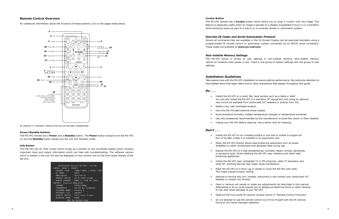 JVC RS-VP2 manual Remote Control Overview, Installation Guidelines, Discrete IR Codes and Serial Automation Protocol 