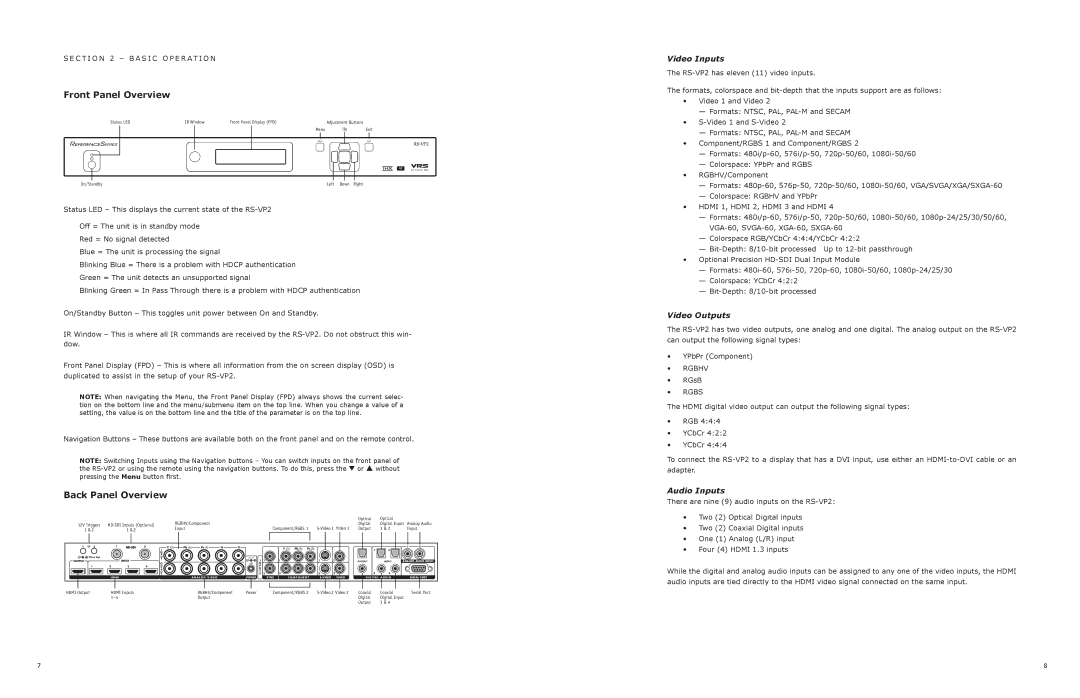 JVC RS-VP2 manual Front Panel Overview, Back Panel Overview, Video Inputs, Video Outputs, Audio Inputs 