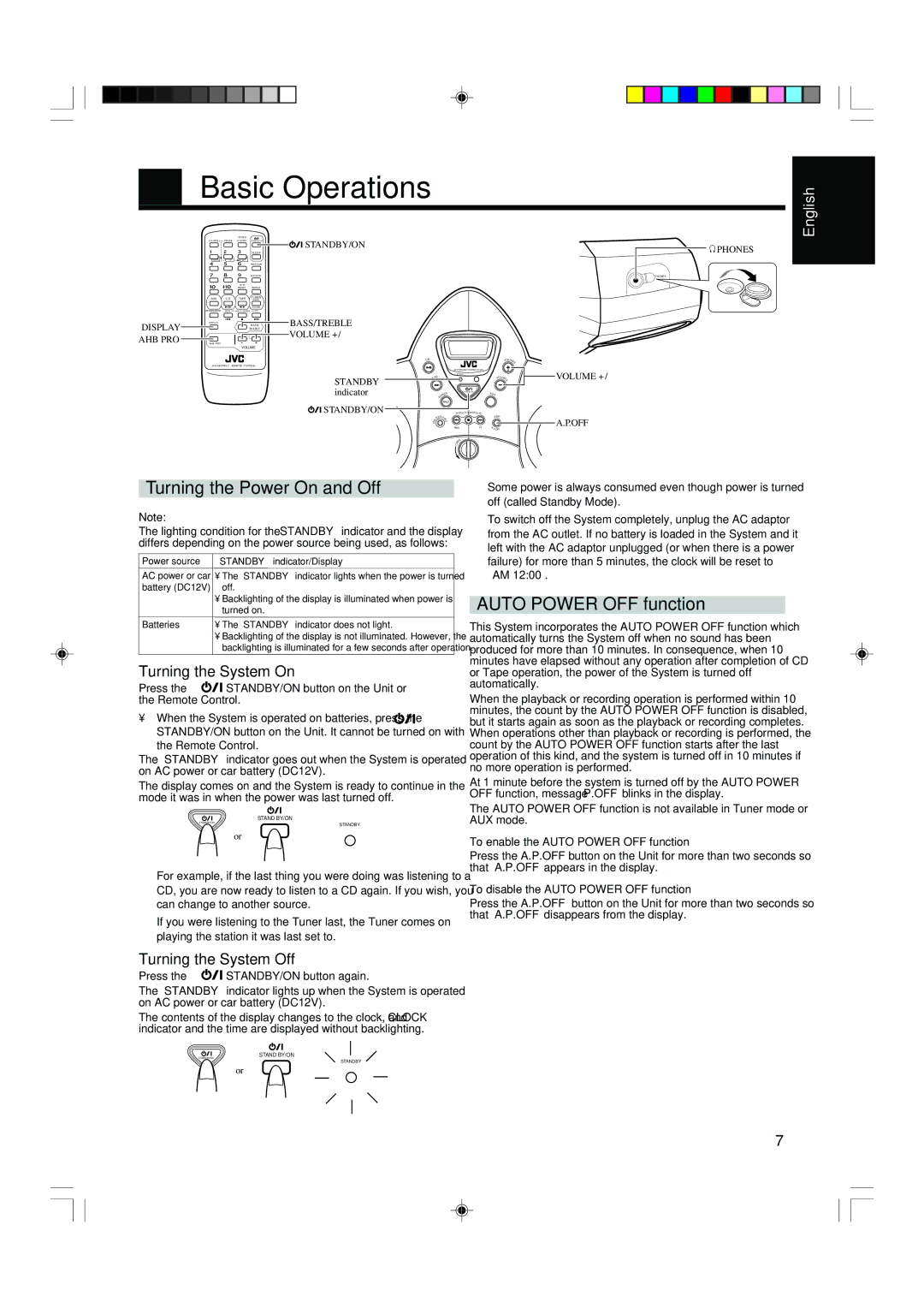 JVC RS-WP1WT manual Basic Operations, Turning the Power On and Off, Auto Power OFF function, Turning the System On 