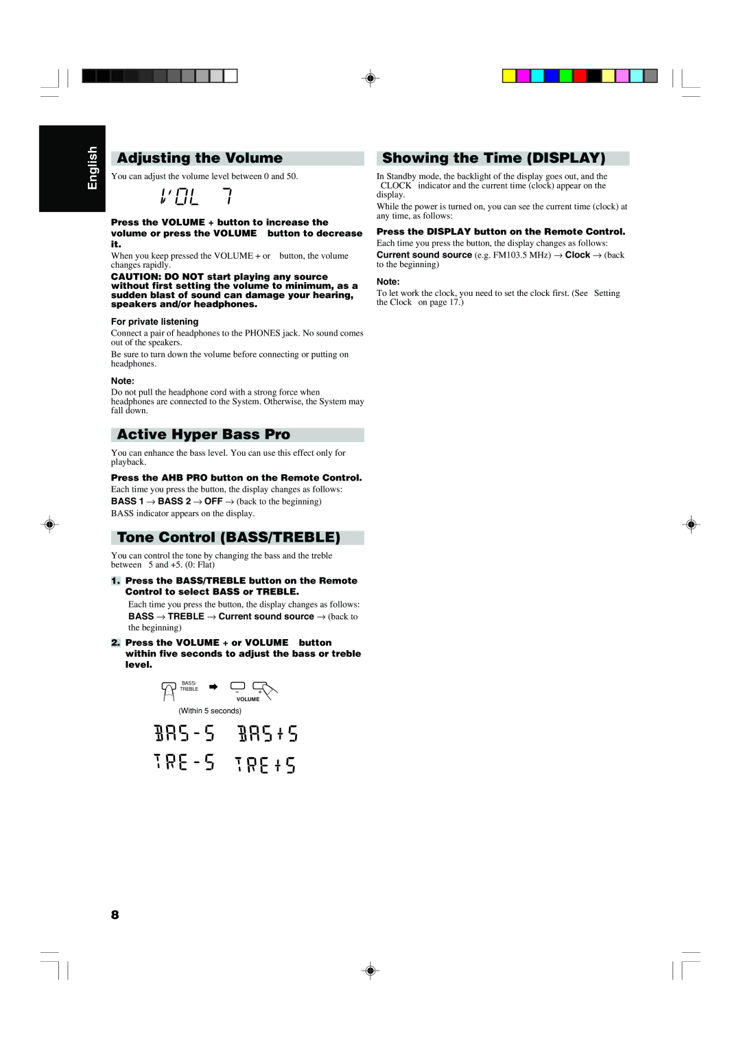 JVC RS-WP1WT manual Adjusting the Volume, Active Hyper Bass Pro, Tone Control BASS/TREBLE, Showing the Time Display 