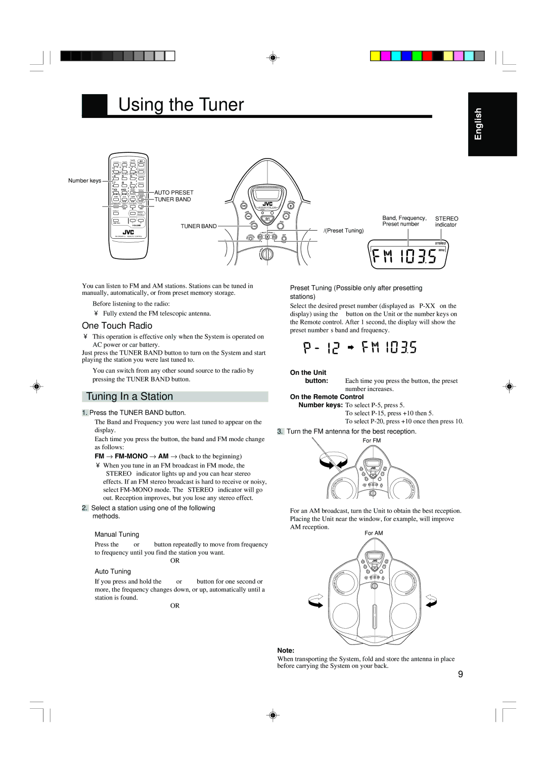 JVC RS-WP1WT manual Using the Tuner, Tuning In a Station, One Touch Radio 