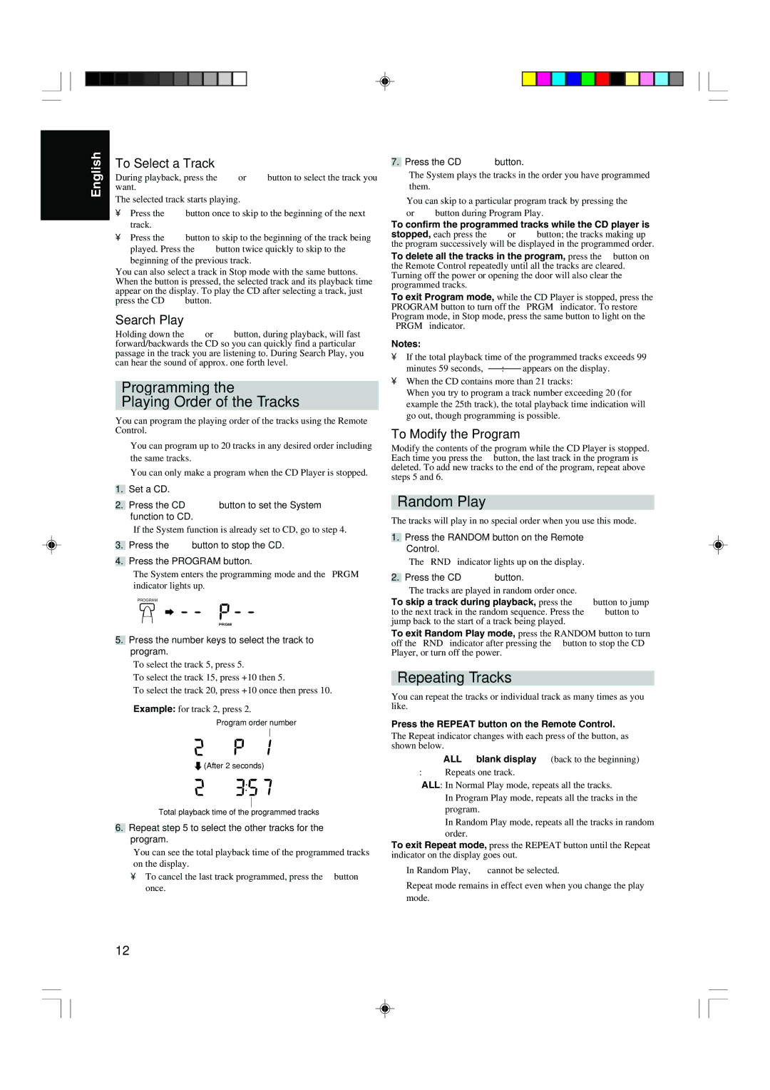 JVC RS-WP1WT manual Programming Playing Order of the Tracks, Random Play, Repeating Tracks 