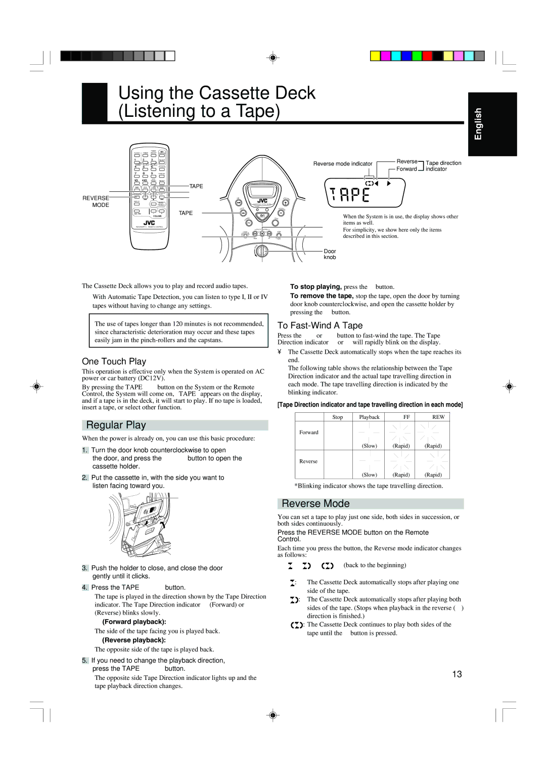 JVC RS-WP1WT Using the Cassette Deck Listening to a Tape, Regular Play, Reverse Mode, One Touch Play, To Fast-Wind a Tape 