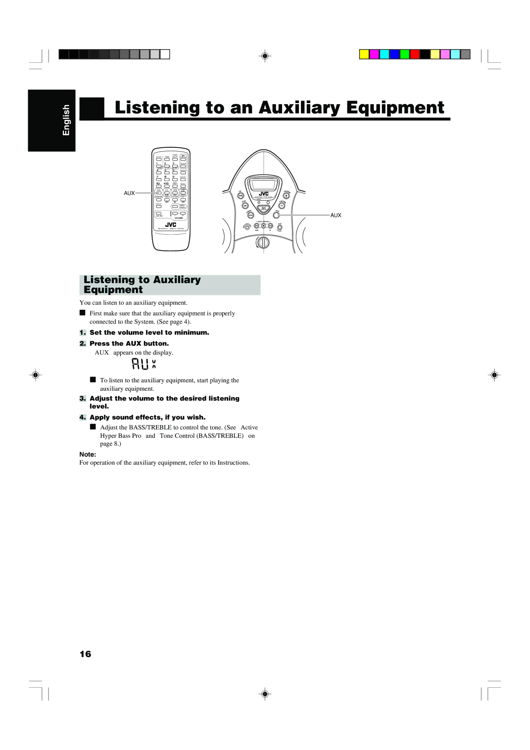 JVC RS-WP1WT manual Listening to an Auxiliary Equipment, Listening to Auxiliary Equipment 