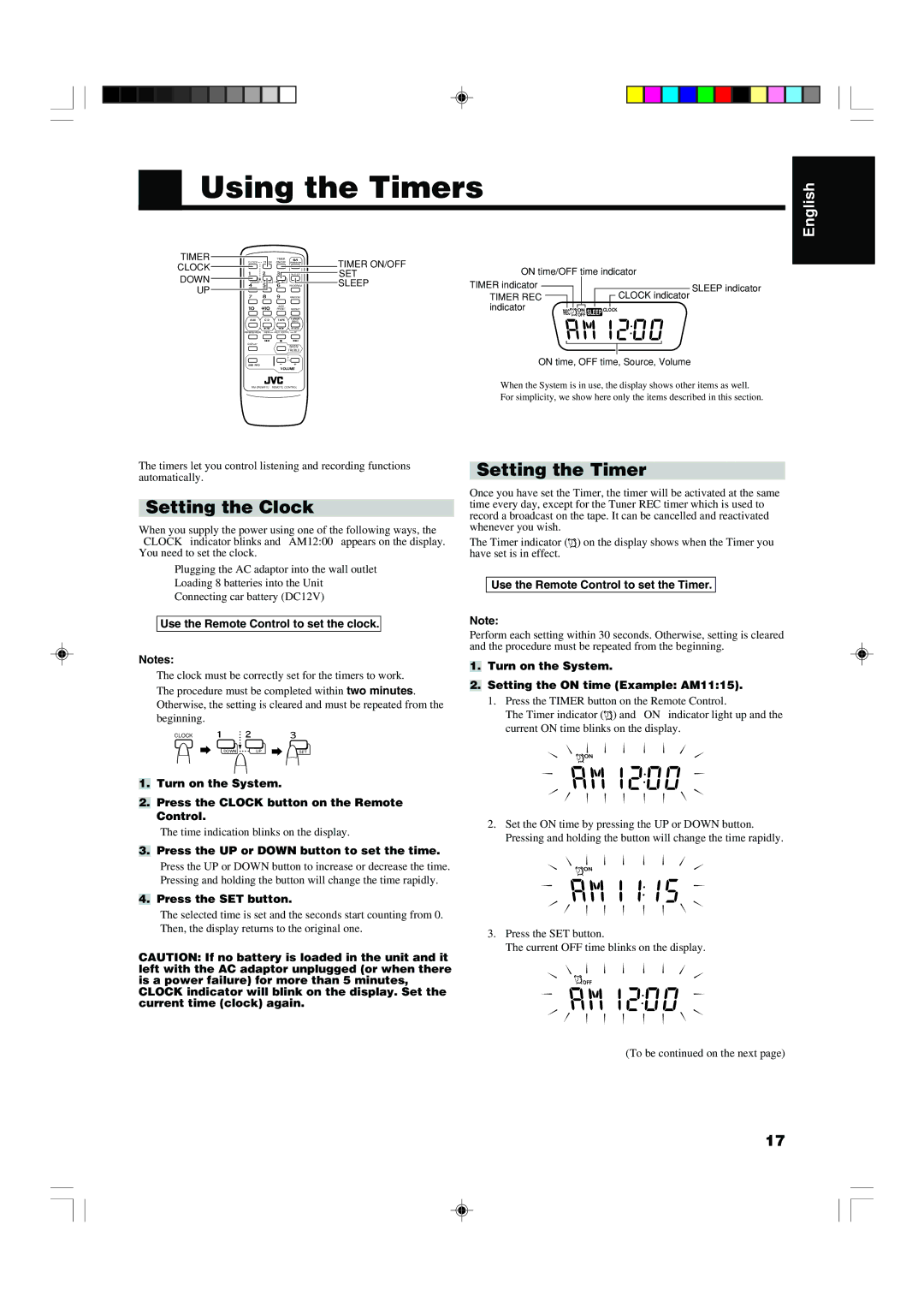 JVC RS-WP1WT manual Using the Timers, Setting the Clock, Setting the Timer 