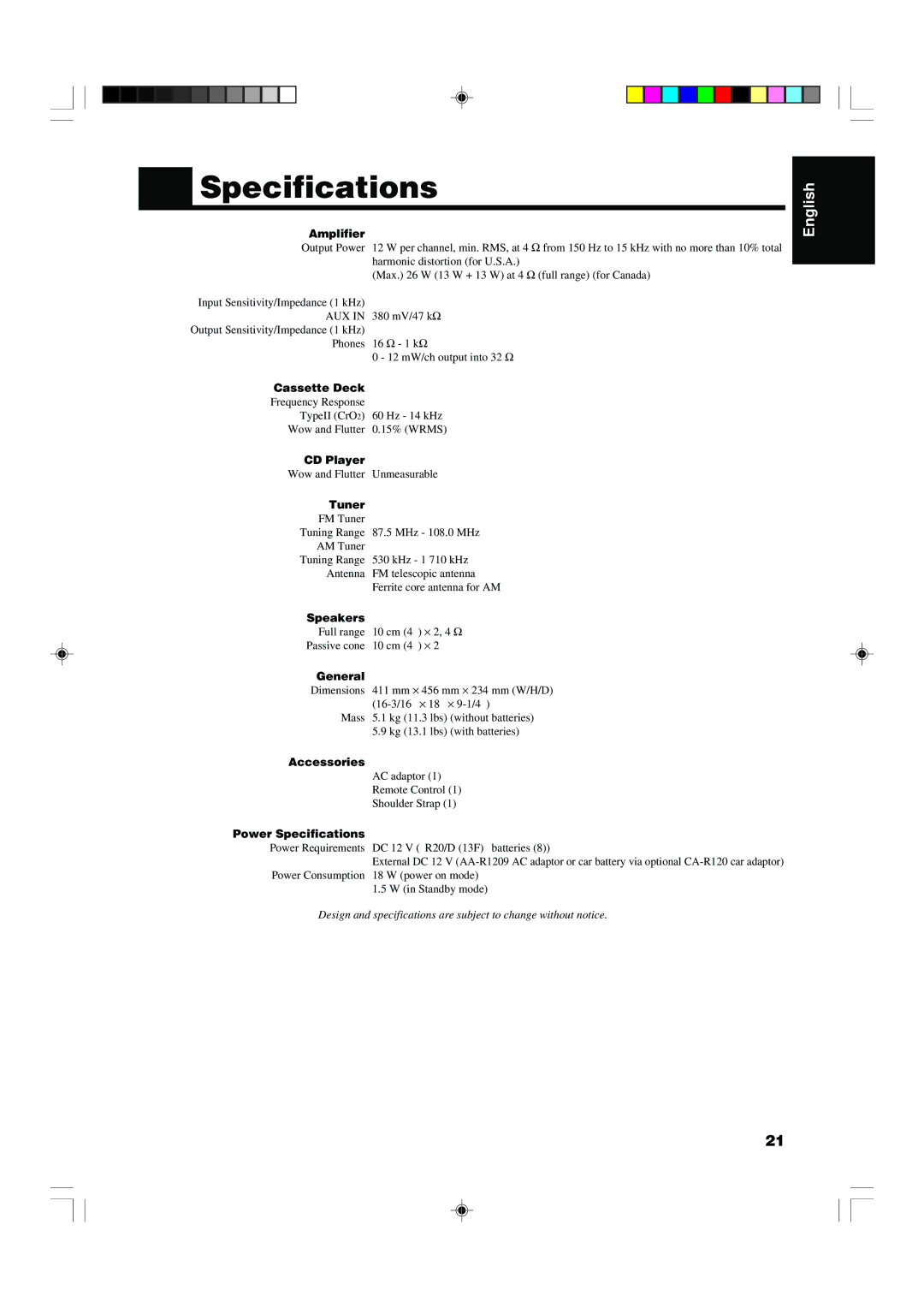 JVC RS-WP1WT manual Specifications 