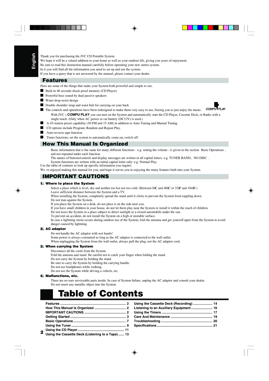 JVC RS-WP1WT manual Table of Contents 