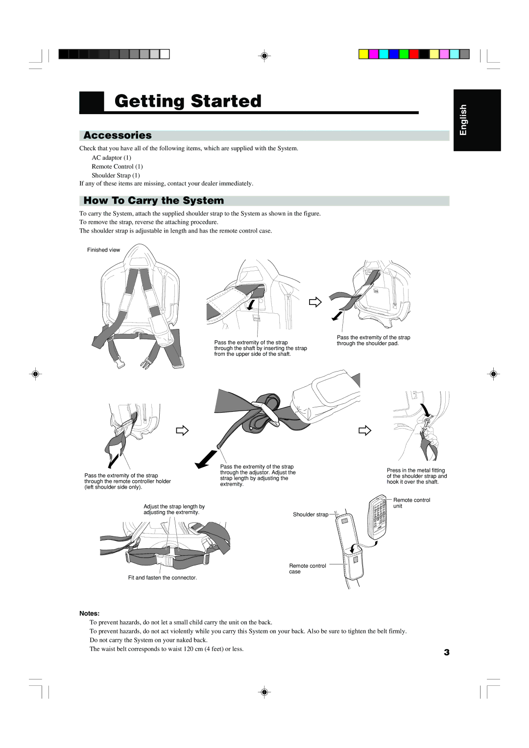 JVC RS-WP1WT manual Getting Started, Accessories, How To Carry the System, Strap length by adjusting 