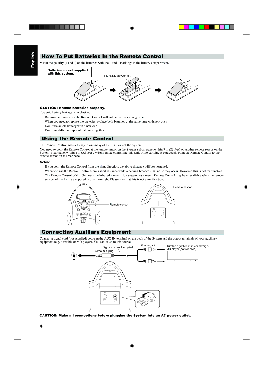 JVC RS-WP1WT manual How To Put Batteries In the Remote Control, Using the Remote Control, Connecting Auxiliary Equipment 