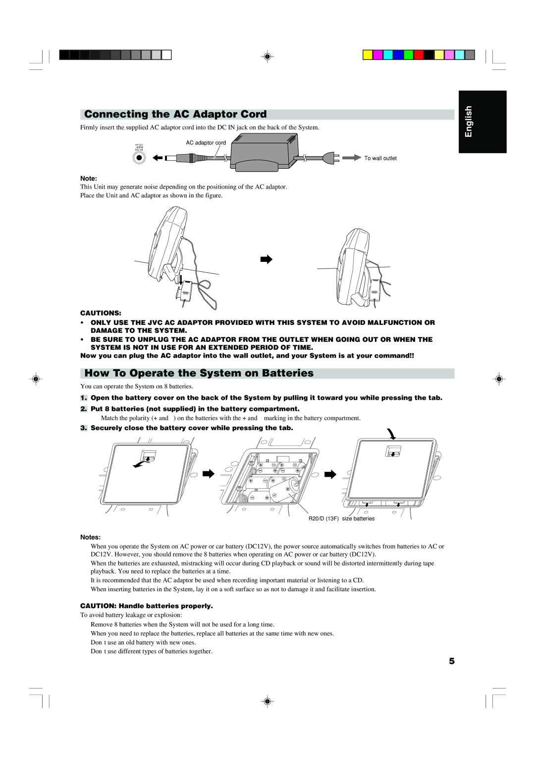 JVC RS-WP1WT manual Connecting the AC Adaptor Cord, How To Operate the System on Batteries, To wall outlet 