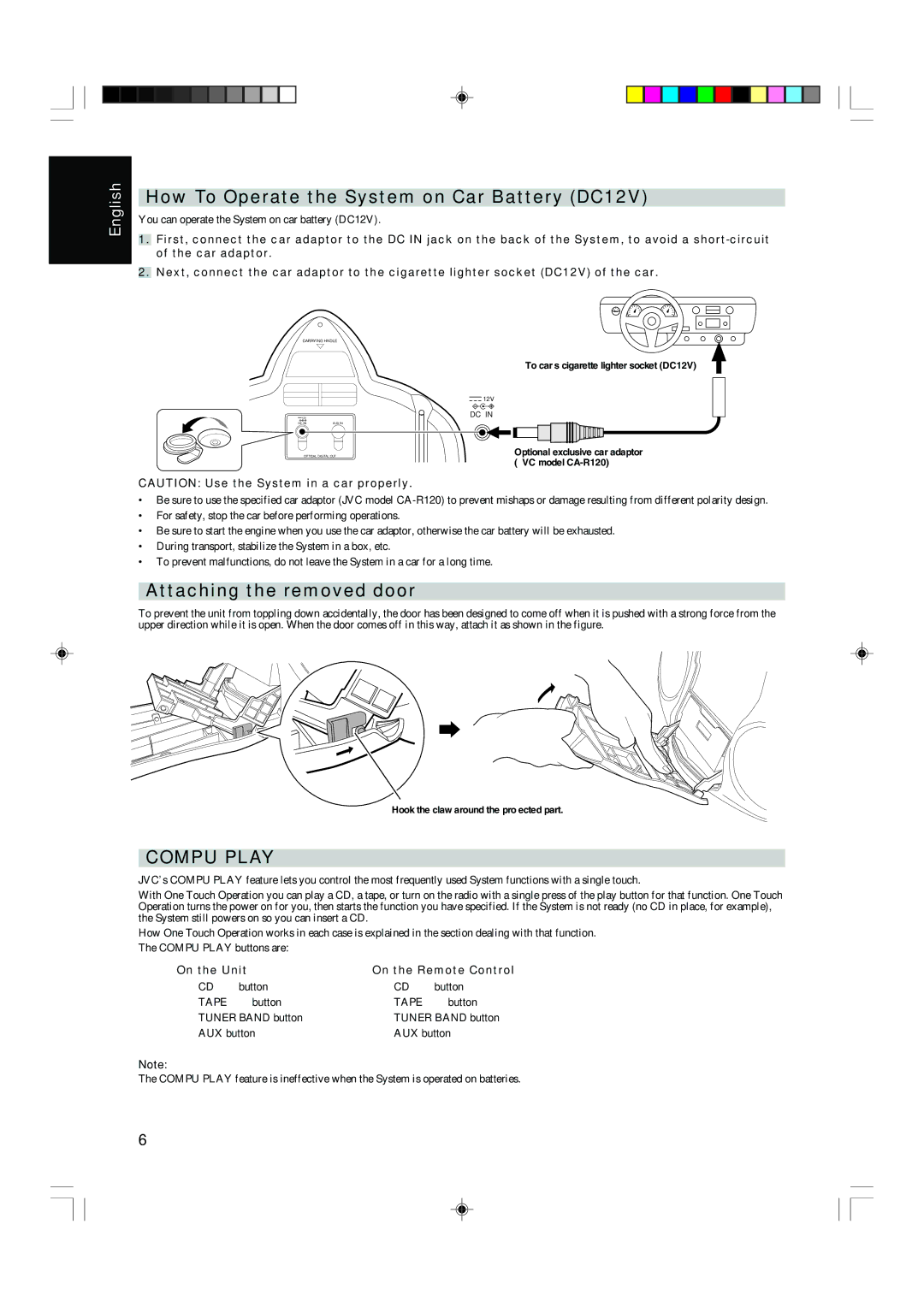 JVC RS-WP1WT How To Operate the System on Car Battery DC12V, Attaching the removed door, On the Unit On the Remote Control 