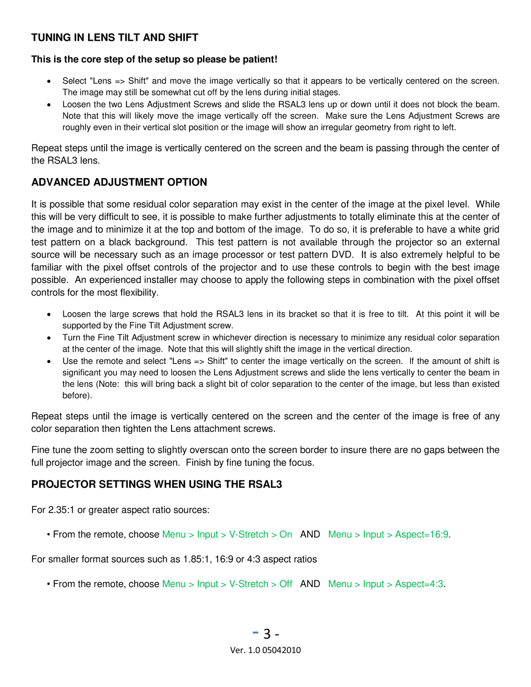 JVC manual Tuning in Lens Tilt and Shift, Advanced Adjustment Option, Projector Settings When Using the RSAL3 