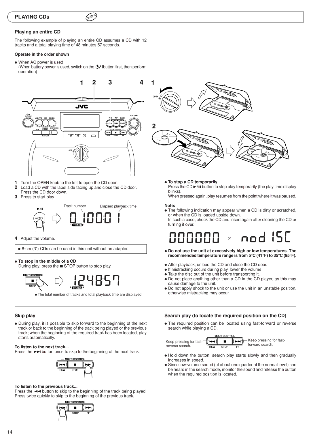 JVC RV-B55 GY, RV-B55 BU, RV-B55 LTD Playing an entire CD, Skip play, Search play to locate the required position on the CD 