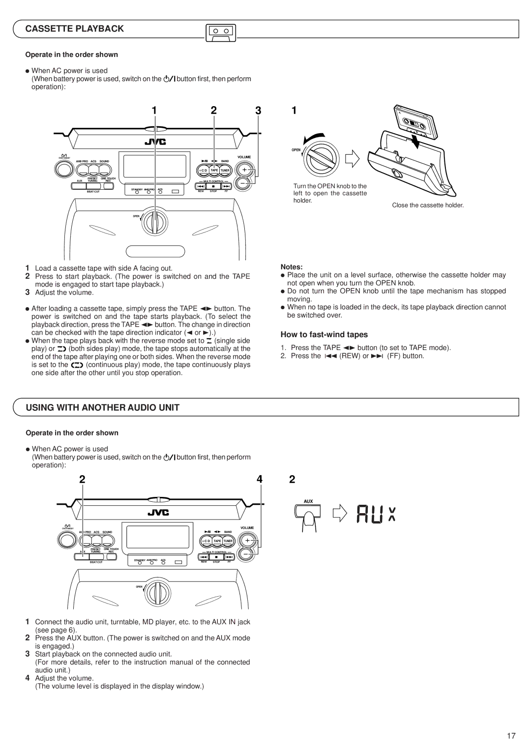 JVC RV-B55 GY, RV-B55 BU, RV-B55 LTD manual Cassette Playback, Using with Another Audio Unit, How to fast-wind tapes 