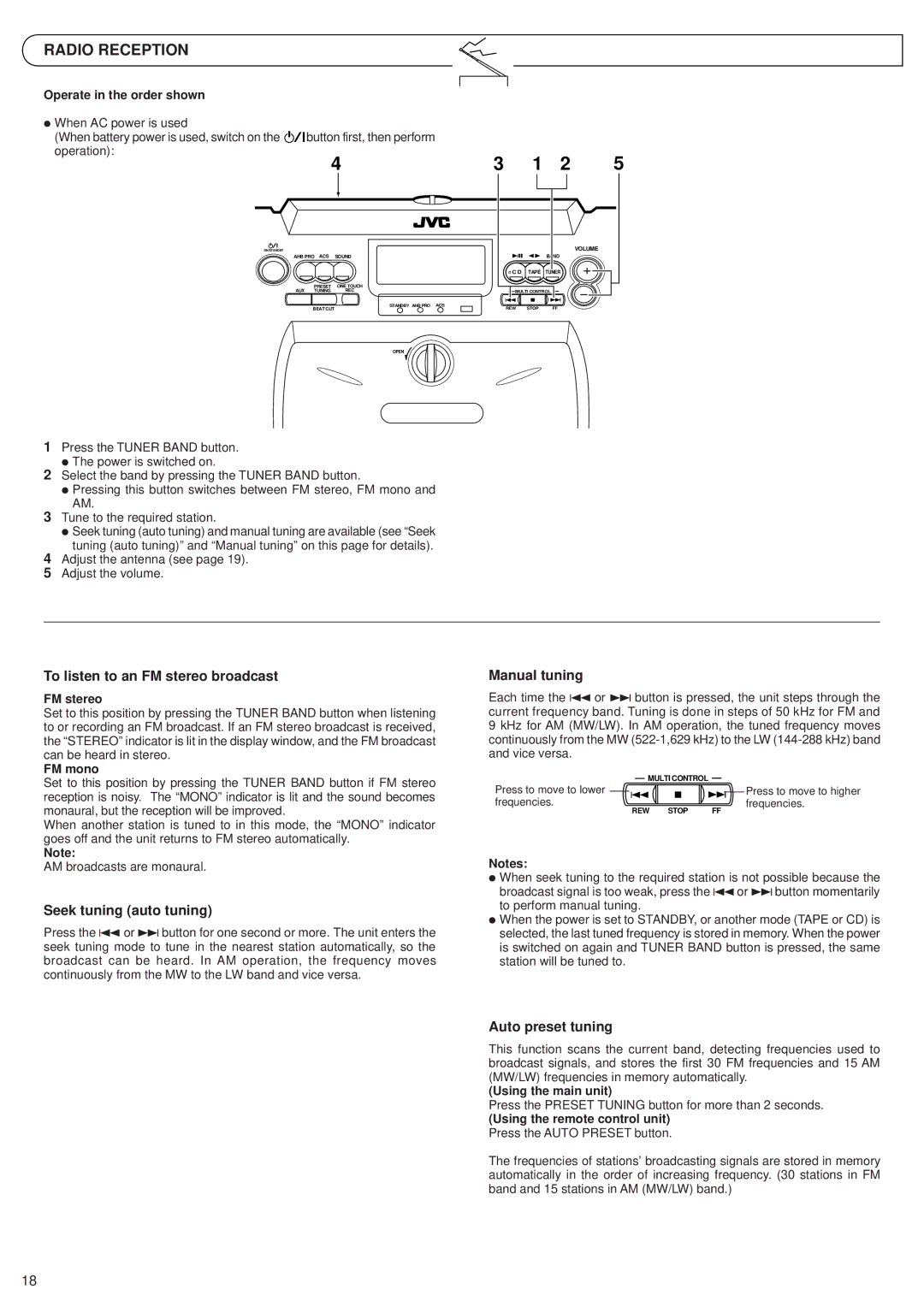 JVC RV-B55 BU, RV-B55 LTD Radio Reception, To listen to an FM stereo broadcast, Seek tuning auto tuning, Manual tuning 