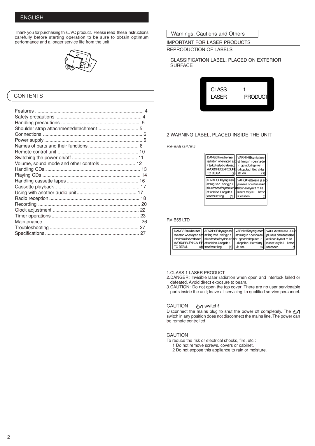 JVC RV-B55 GY, RV-B55 BU, RV-B55 LTD manual English, Contents 