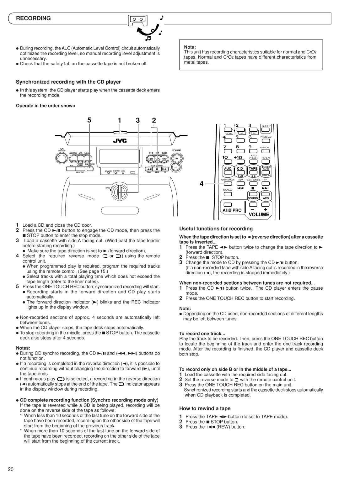 JVC RV-B55 GY Recording, Synchronized recording with the CD player, Useful functions for recording, How to rewind a tape 