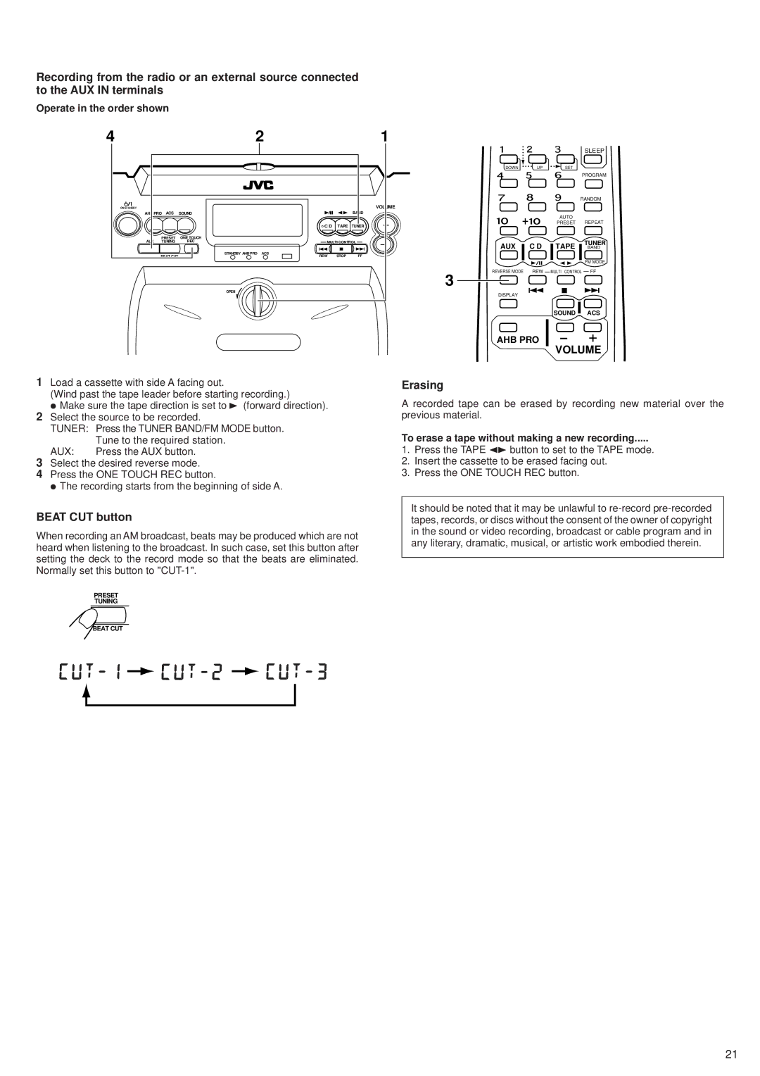 JVC RV-B55 BU, RV-B55 LTD, RV-B55 GY manual Beat CUT button, Erasing, To erase a tape without making a new recording 