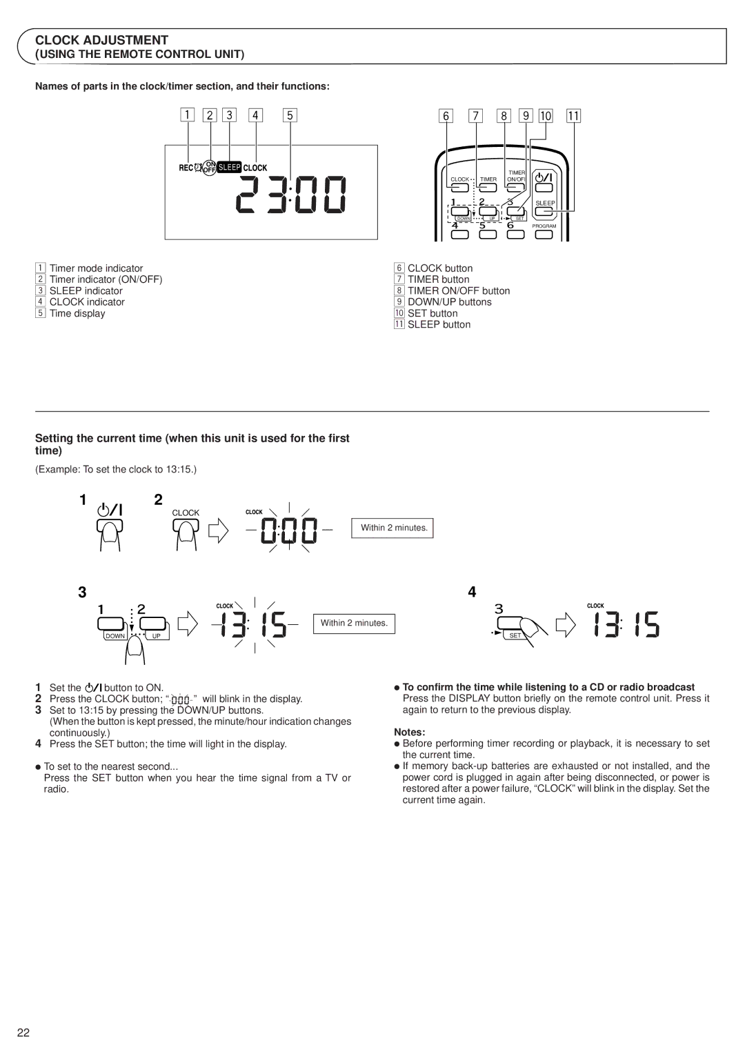 JVC RV-B55 LTD, RV-B55 BU, RV-B55 GY manual Clock Adjustment, Example To set the clock to 