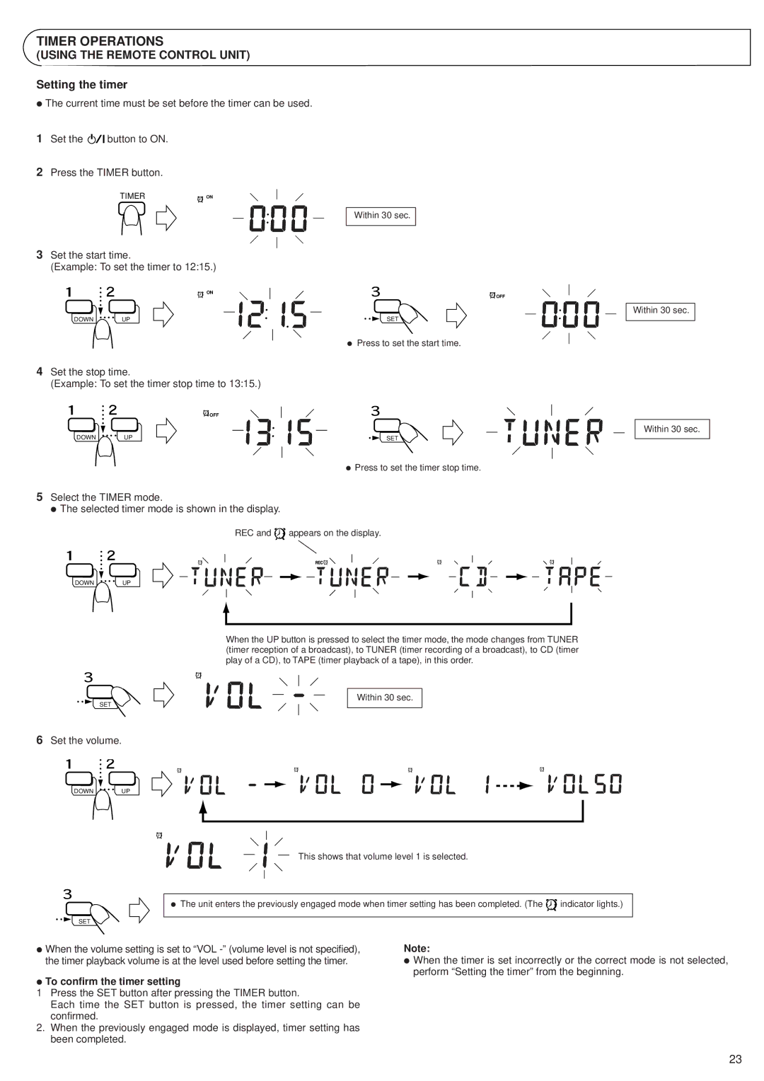 JVC RV-B55 GY, RV-B55 BU, RV-B55 LTD manual Timer Operations, Setting the timer, To confirm the timer setting 