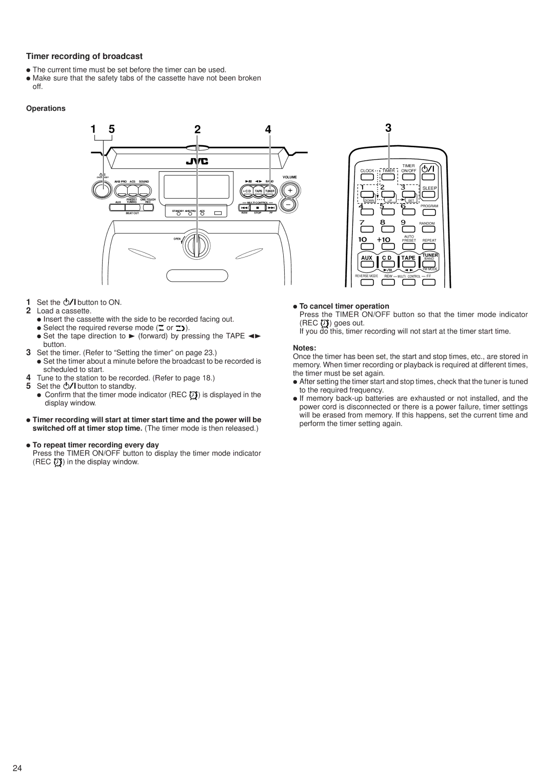 JVC RV-B55 BU Timer recording of broadcast, Operations, To repeat timer recording every day, To cancel timer operation 