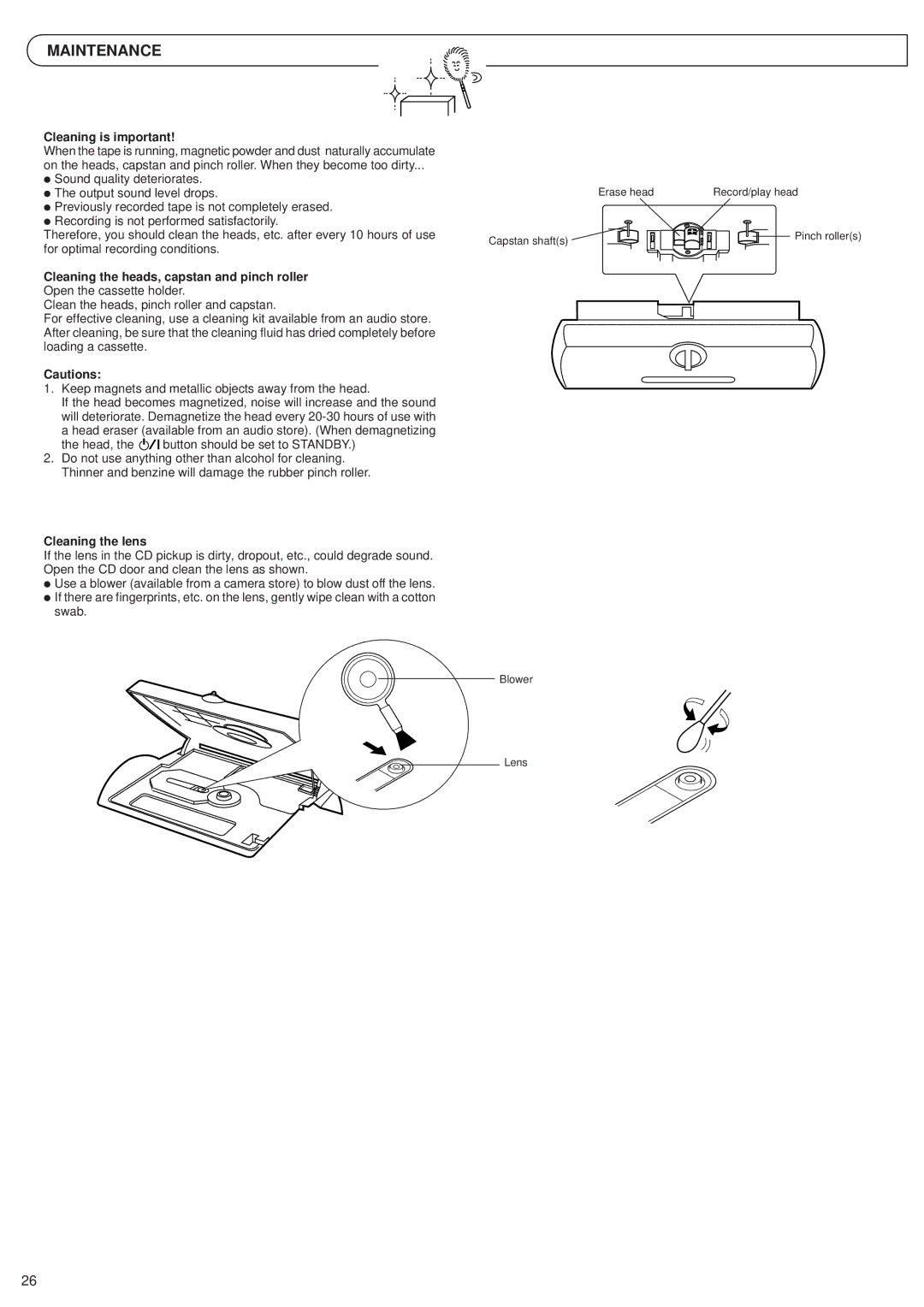 JVC RV-B55 GY manual Maintenance, Cleaning is important, Cleaning the heads, capstan and pinch roller, Cleaning the lens 