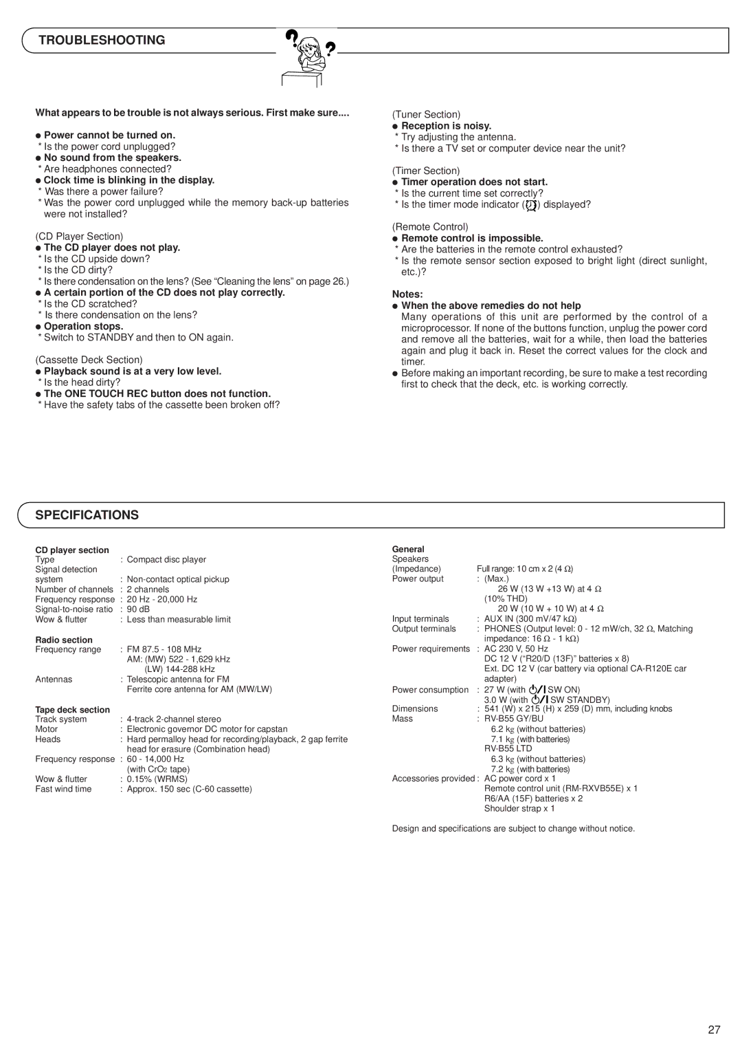 JVC RV-B55 BU, RV-B55 LTD, RV-B55 GY manual Troubleshooting, Specifications 