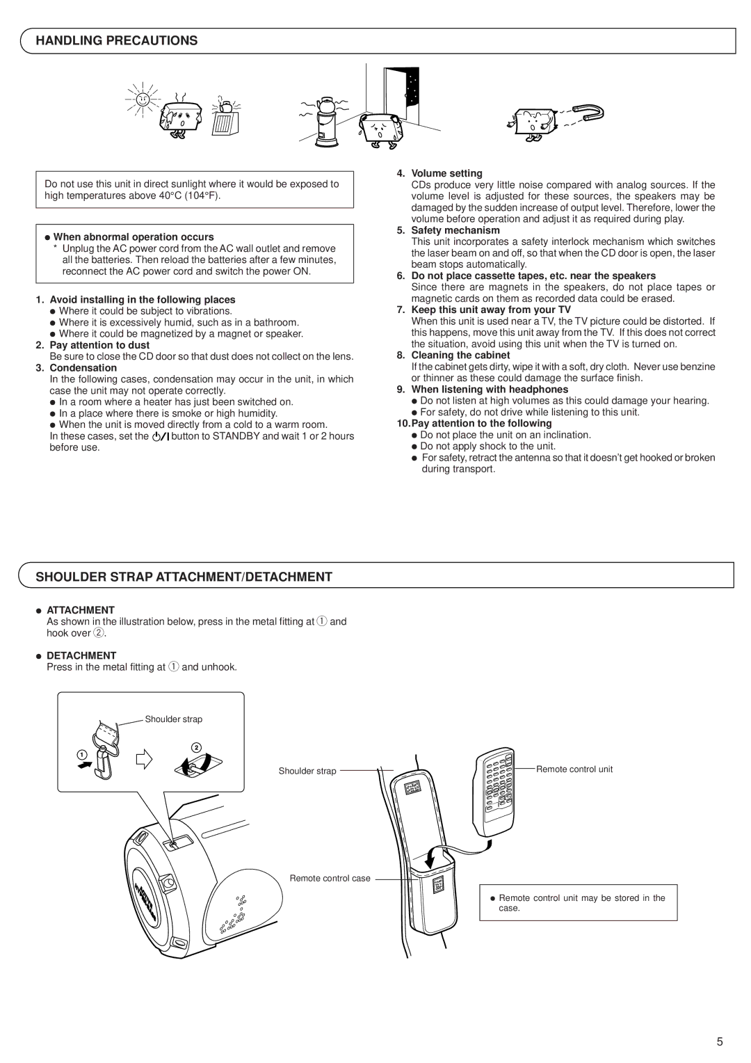 JVC RV-B55 GY, RV-B55 BU, RV-B55 LTD Handling Precautions, Shoulder Strap ATTACHMENT/DETACHMENT, Attachment, Detachment 