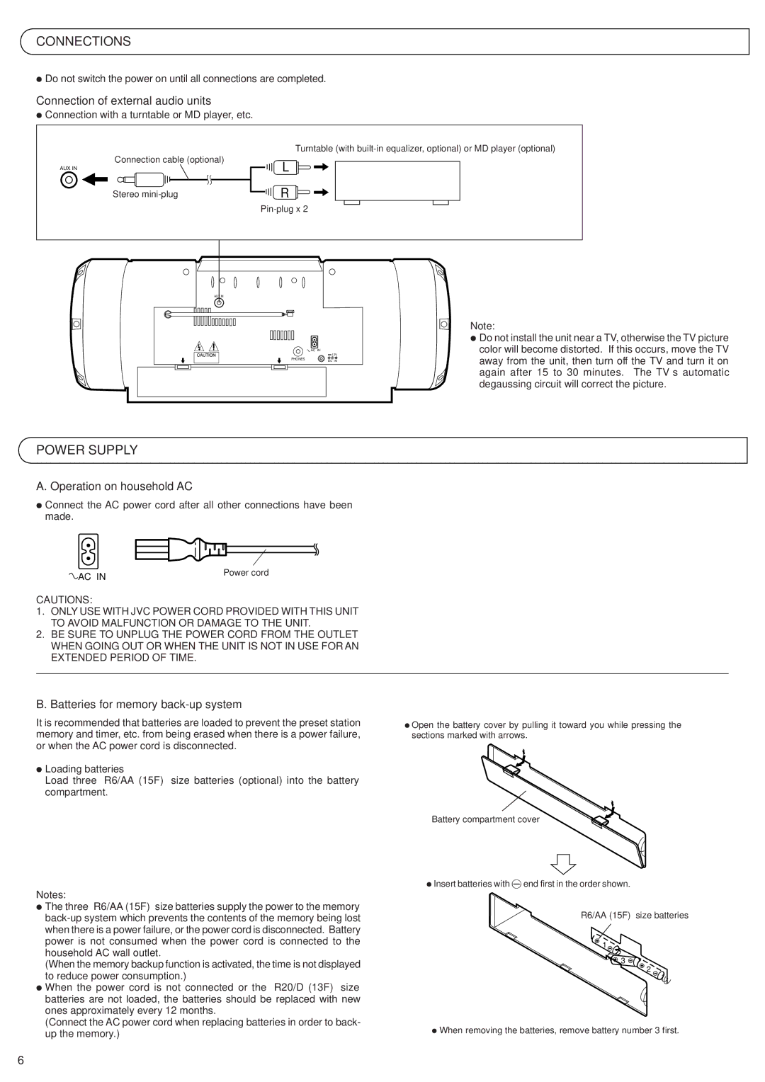 JVC RV-B55 BU, RV-B55 LTD manual Connections, Power Supply, Connection of external audio units, Operation on household AC 