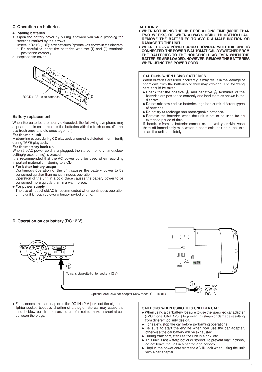 JVC RV-B55 LTD, RV-B55 BU, RV-B55 GY manual Operation on batteries, Battery replacement, Operation on car battery DC 12 