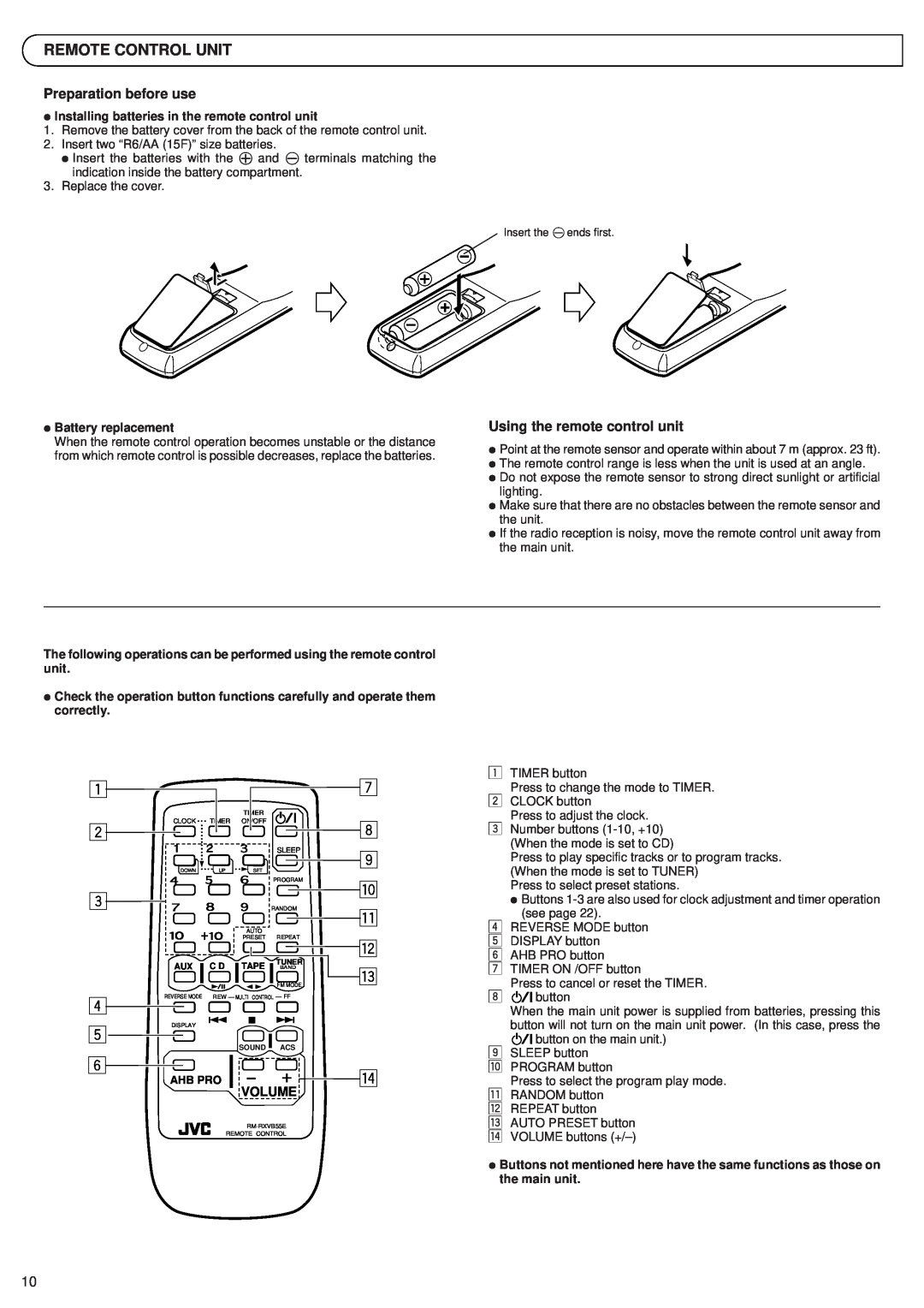 JVC RV-B55 LTD manual Remote Control Unit, ÖInstalling batteries in the remote control unit, ÖBattery replacement, Volume 