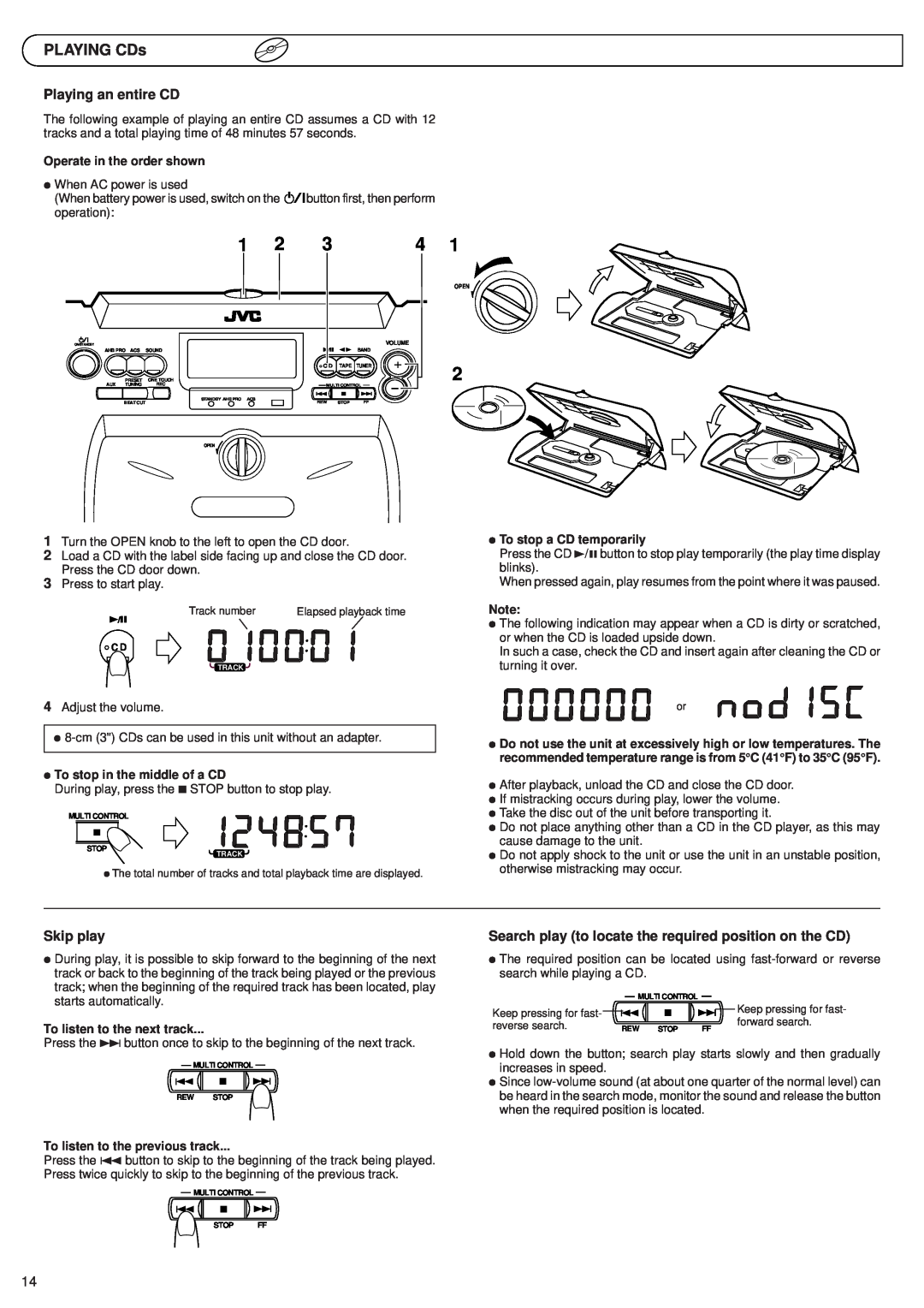 JVC RV-B55 GY manual PLAYING CDs, Operate in the order shown, ÖTo stop in the middle of a CD, ÖTo stop a CD temporarily 