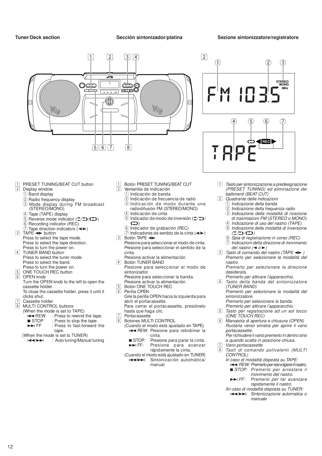 JVC RV-B55 GY/BU/LTD manual Preset Tuning ed eliminazione dei, Battimenti Beat CUT, Indicazione della banda, Del nastro 2 o 