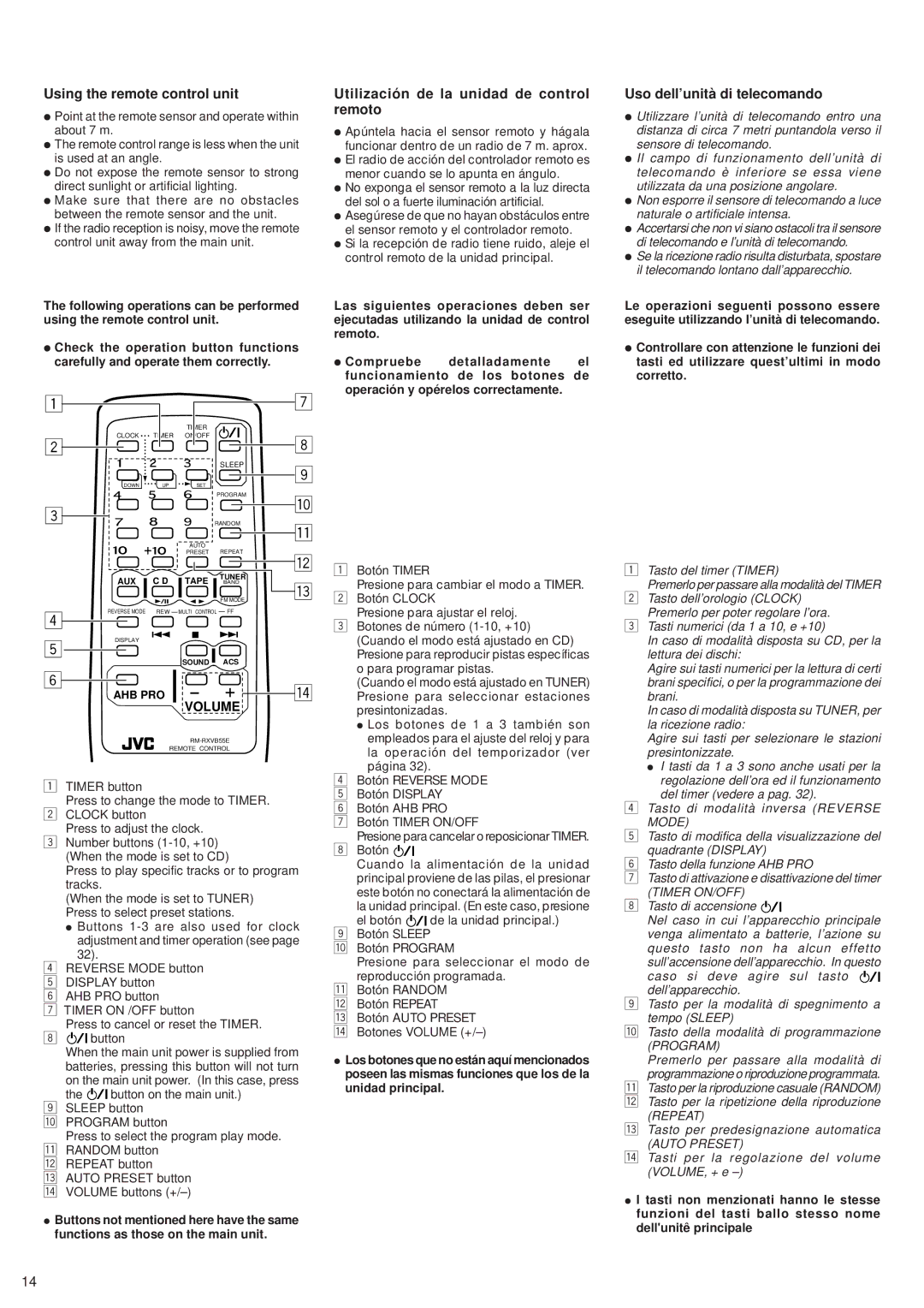 JVC RV-B55 GY/BU/LTD manual Using the remote control unit, Utilización de la unidad de control remoto 