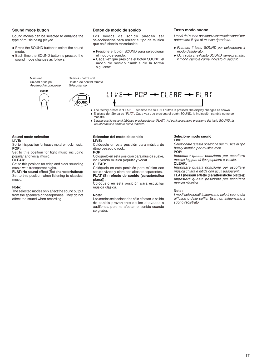 JVC RV-B55 GY/BU/LTD manual Sound mode button, Botón de modo de sonido, Tasto modo suono 