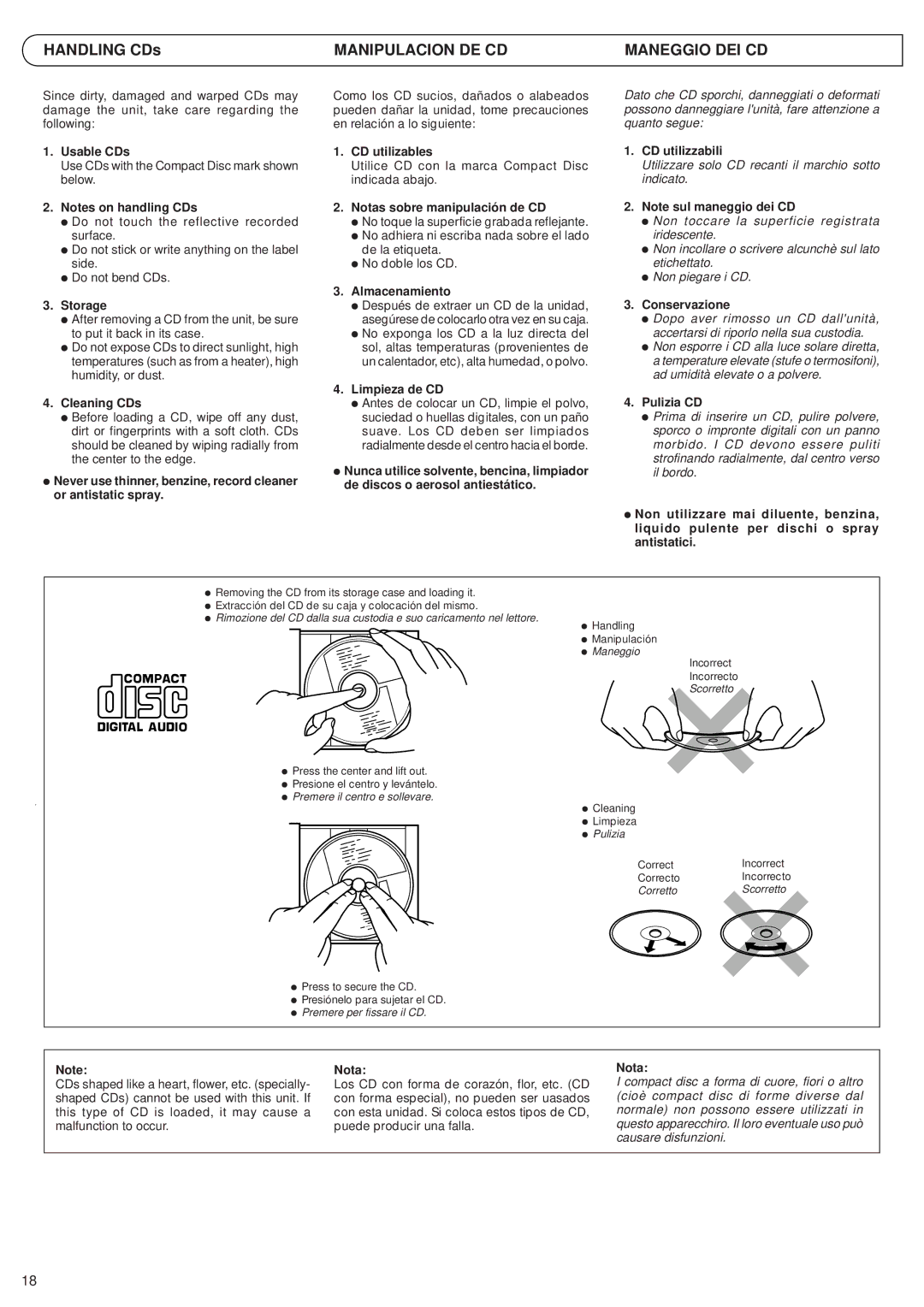 JVC RV-B55 GY/BU/LTD manual Manipulacion DE CD Maneggio DEI CD 