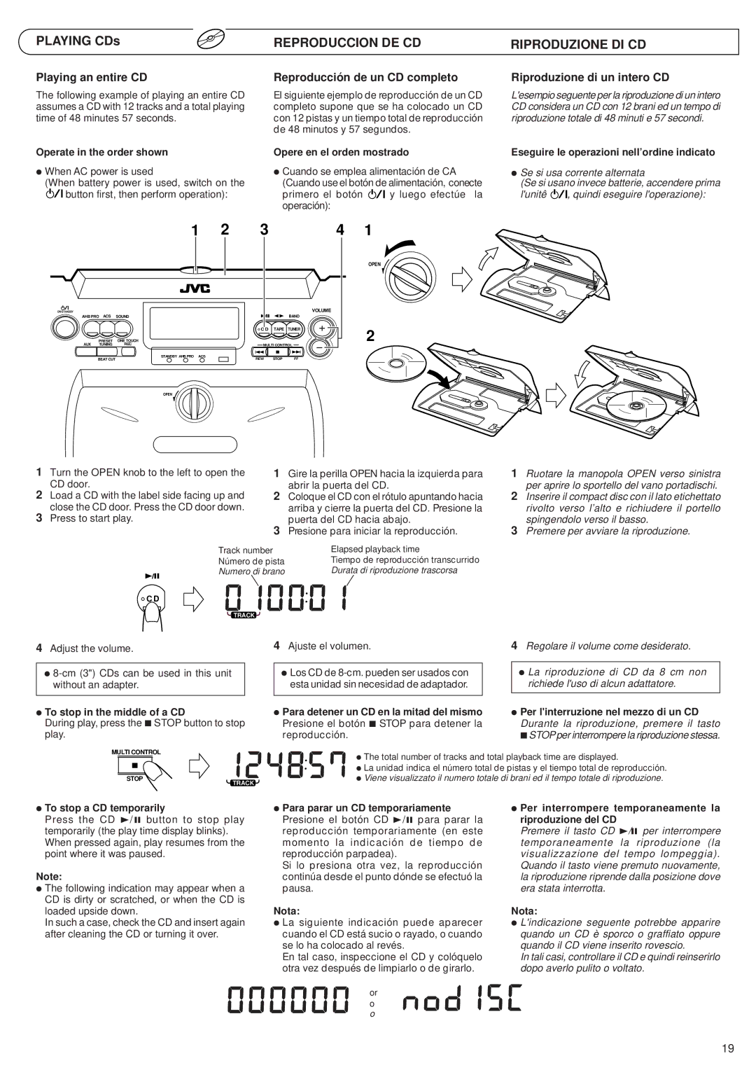 JVC RV-B55 GY/BU/LTD manual Reproduccion DE CD Riproduzione DI CD, Playing an entire CD, Reproducción de un CD completo 