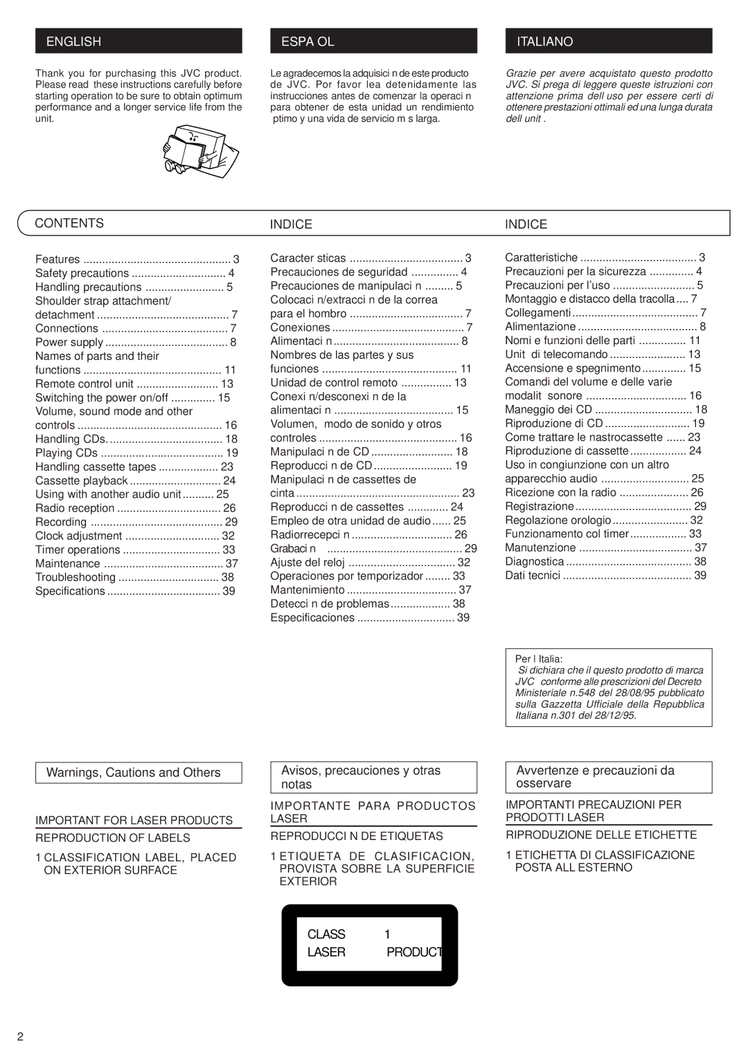 JVC RV-B55 GY/BU/LTD manual Contents, Indice 