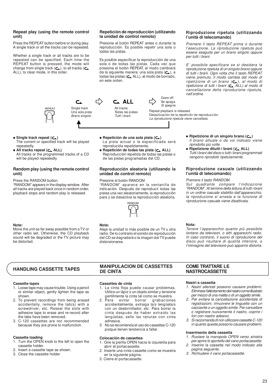 JVC RV-B55 GY/BU/LTD manual Handling Cassette Tapes, Manipulacion DE Cassettes DE Cinta, Come Trattare LE Nastrocassette 