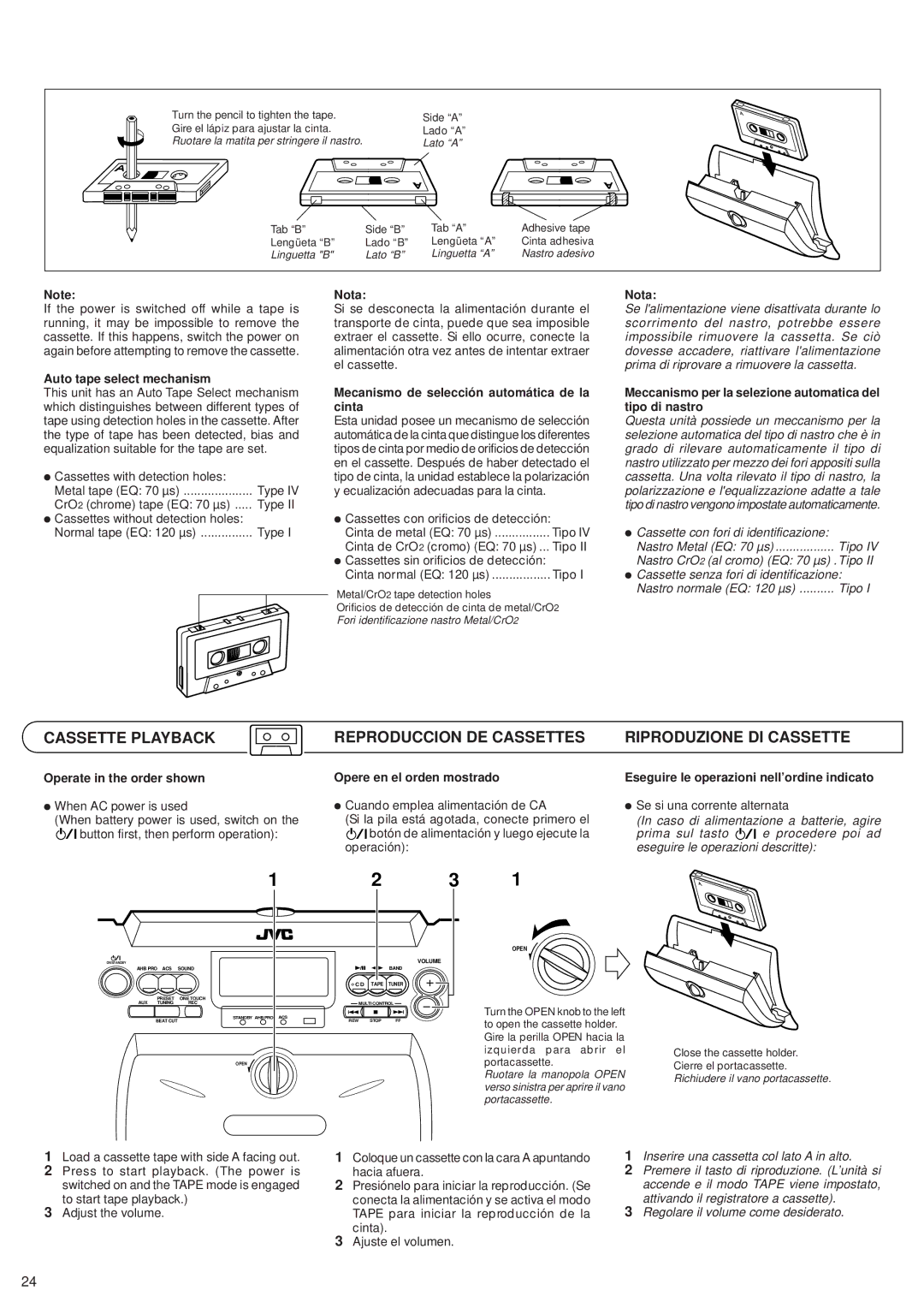 JVC RV-B55 GY/BU/LTD Cassette Playback, Reproduccion DE Cassettes Riproduzione DI Cassette, Auto tape select mechanism 