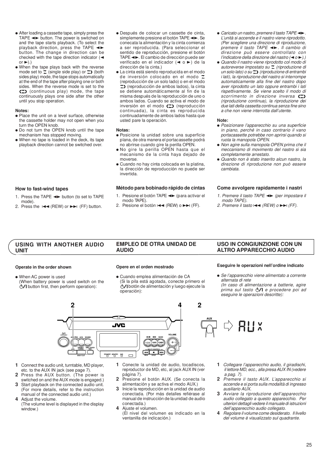 JVC RV-B55 GY/BU/LTD manual Using with Another Audio Unit, Empleo DE Otra Unidad DE Audio, How to fast-wind tapes 