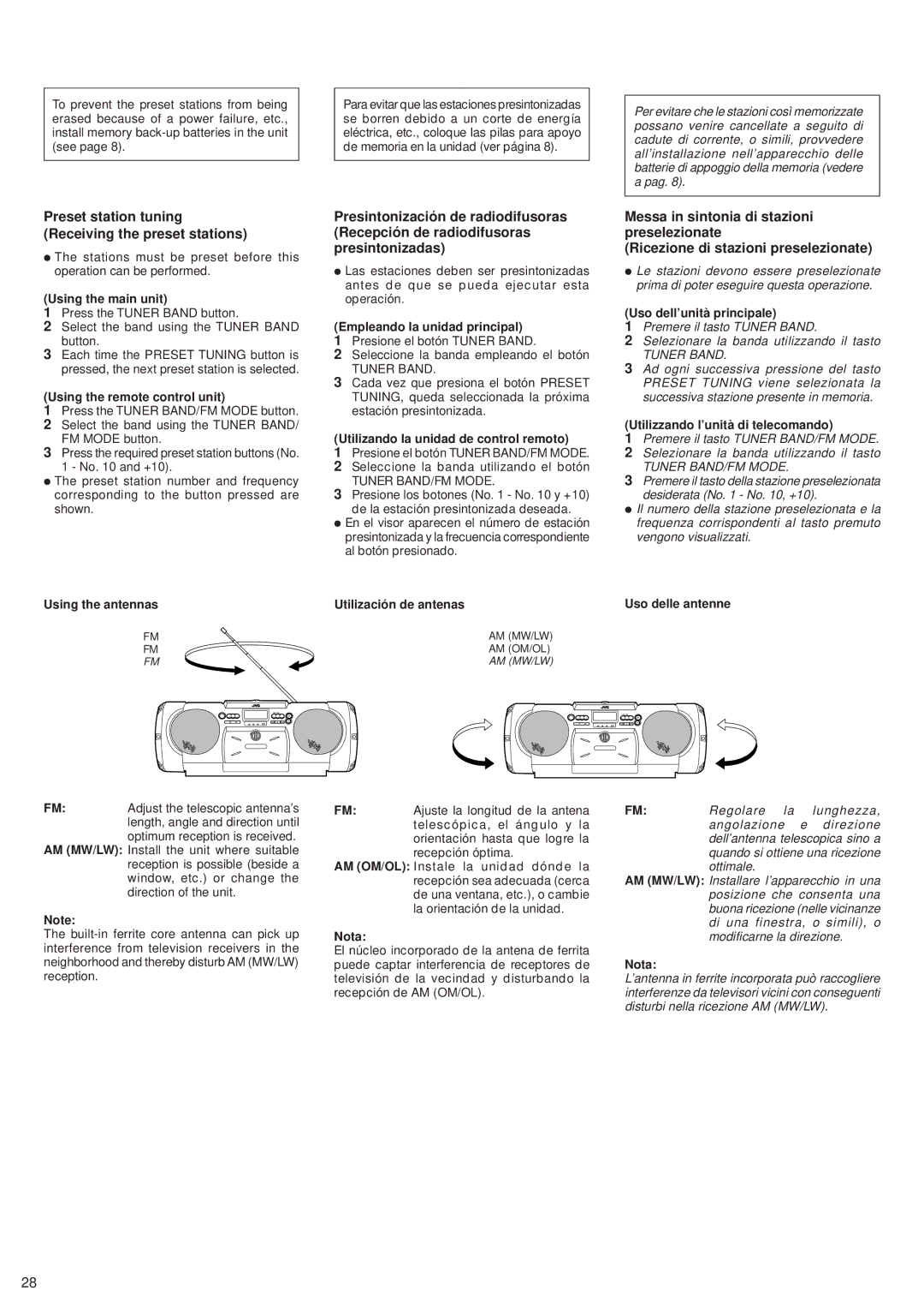 JVC RV-B55 GY/BU/LTD manual Preset station tuning Receiving the preset stations 