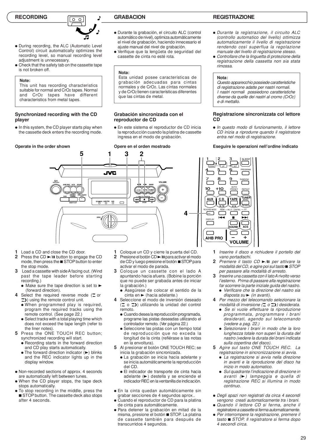 JVC RV-B55 GY/BU/LTD manual Recording Grabacion Registrazione, Synchronized recording with the CD player 