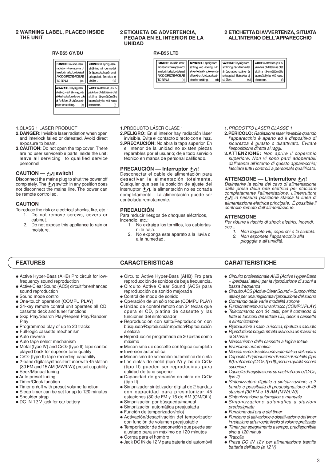 JVC RV-B55 GY/BU/LTD Features Caracteristicas Caratteristiche, Precaución -- Interruptor, Attenzione -- L’interruttore 