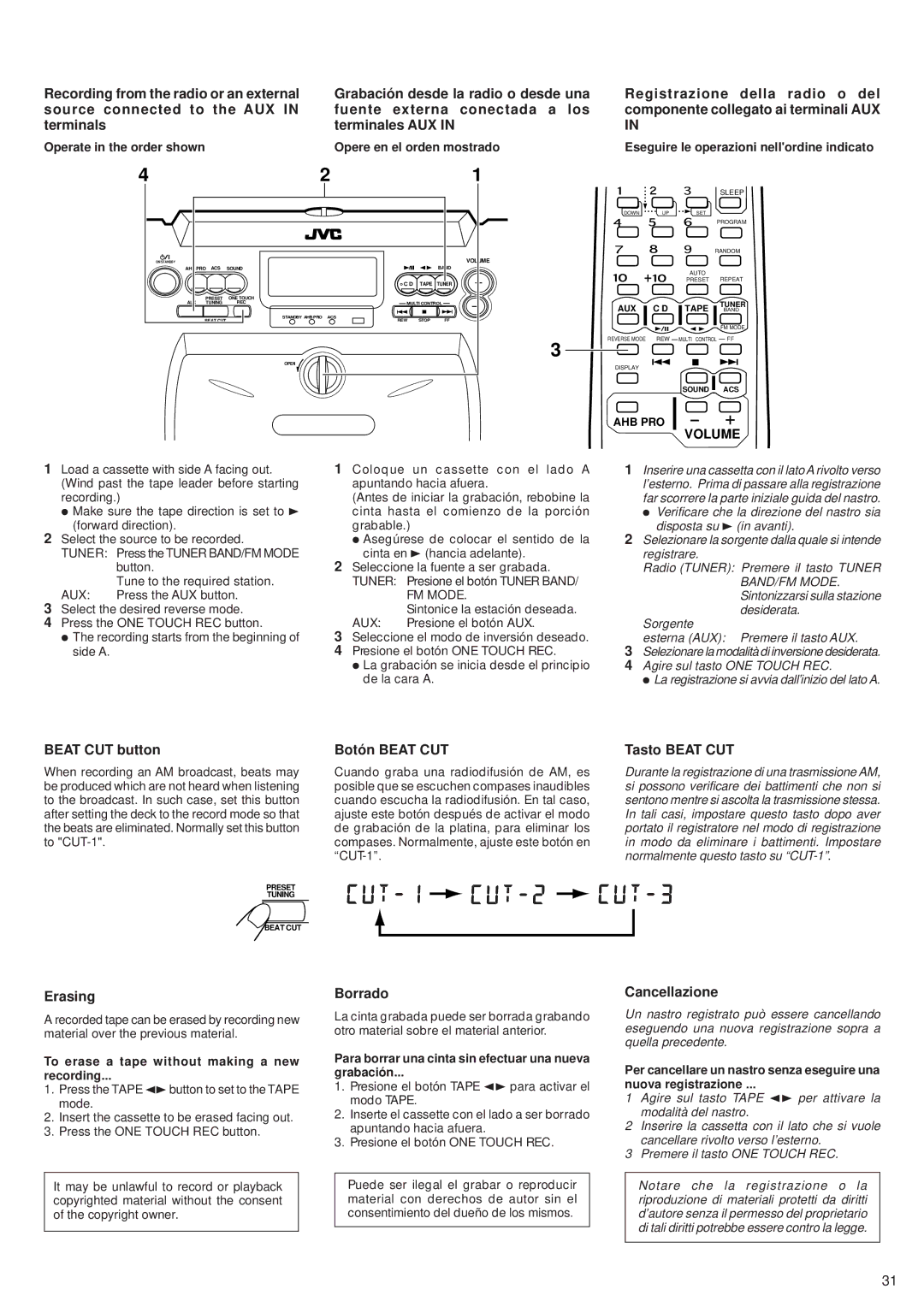 JVC RV-B55 GY/BU/LTD manual Beat CUT button, Botón Beat CUT, Tasto Beat CUT, Erasing, Borrado, Cancellazione 