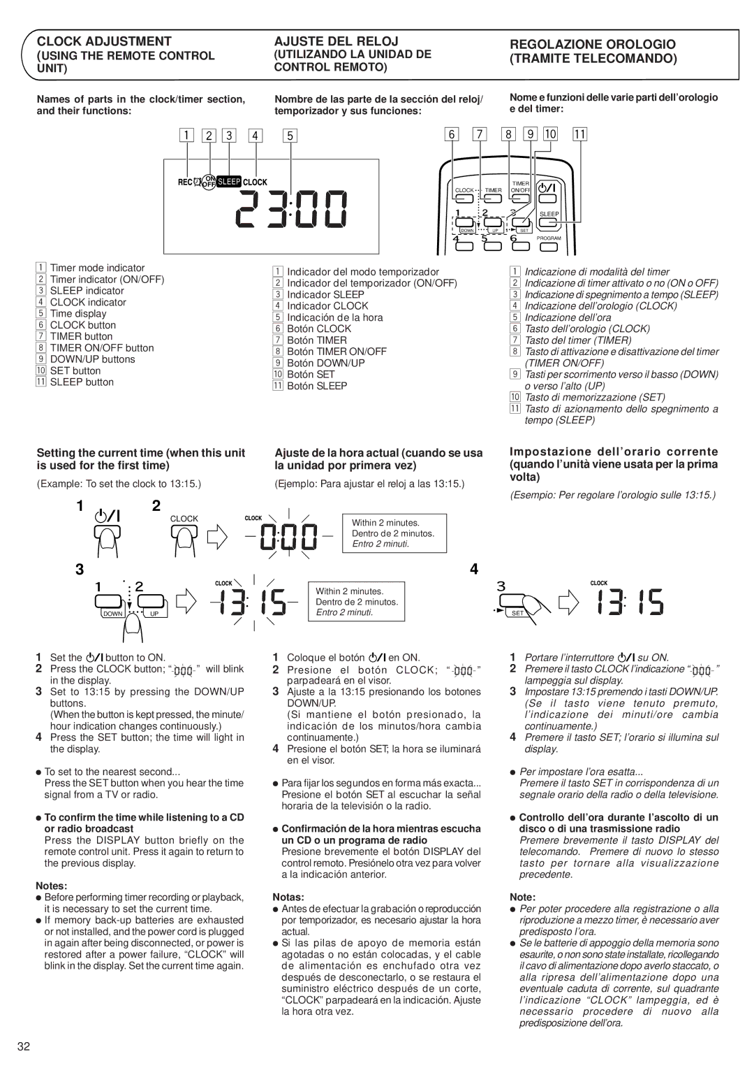 JVC RV-B55 GY/BU/LTD manual Clock Adjustment, Ajuste DEL Reloj, Regolazione Orologio Tramite Telecomando 