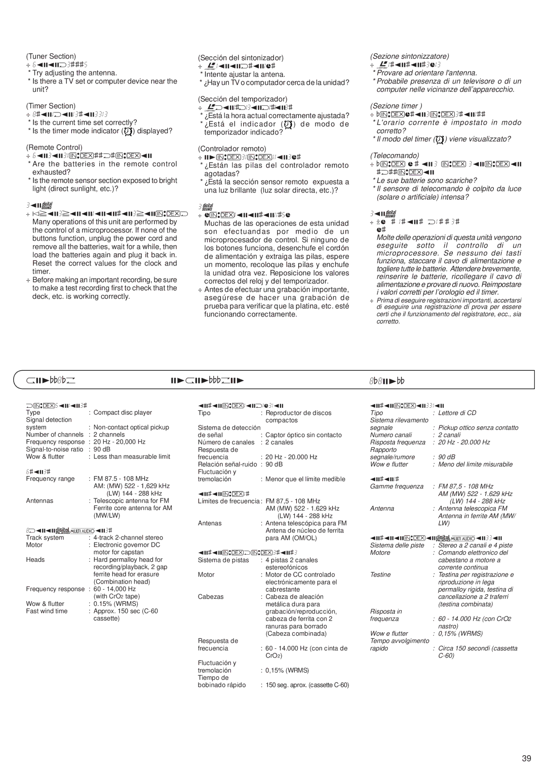 JVC RV-B55 GY/BU/LTD manual Specifications, Especificaciones, Dati Tecnici 