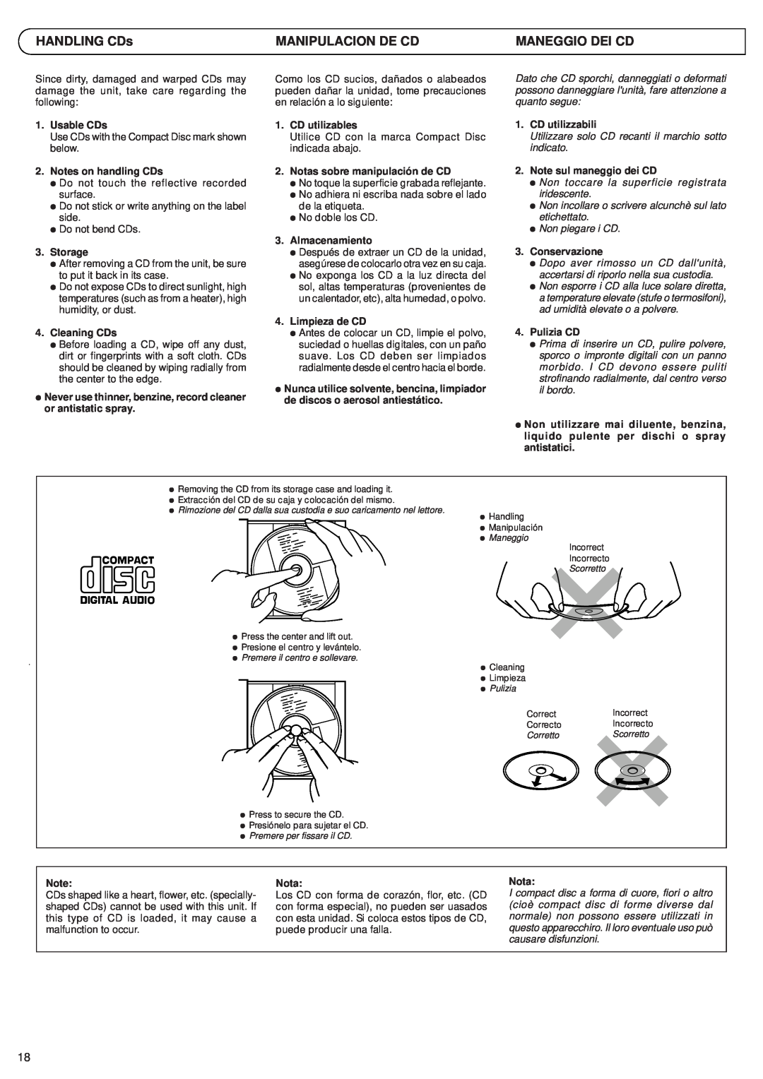 JVC RV-B55 GY/BU/LTD manual HANDLING CDs, Manipulacion De Cd, Maneggio Dei Cd 